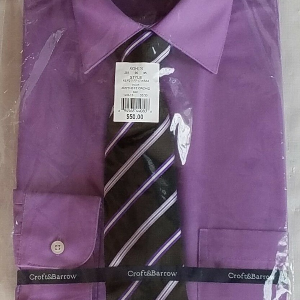 Croft & Barrow Dress Shirt & Tie S 14.5-15 32/33 Men Purple Fitted NWT